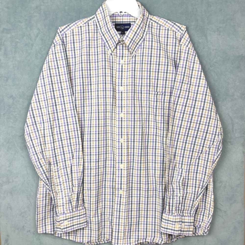 Alan Flusser Mens XL Plaid Button Down Shirt Purple Tan Cotton Long Sleeve
